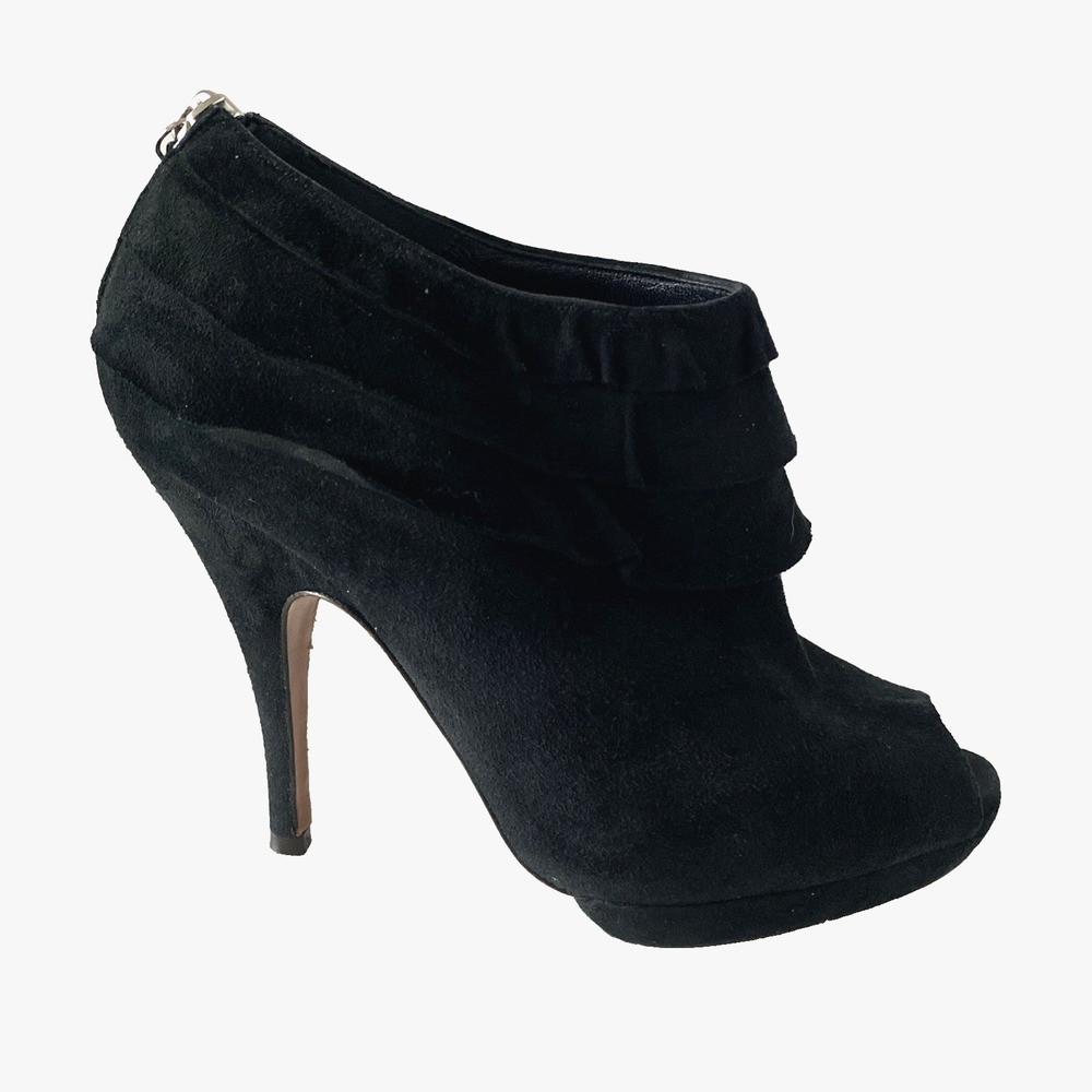 Moschino Cheap & Chic Black Suede Bootie Boot Slim Heel Tiered Ruffle Peep Toe 6